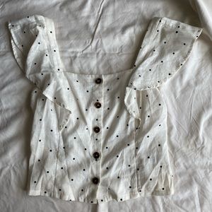 Linen Blend Polka Dot Ruffled Crop Top